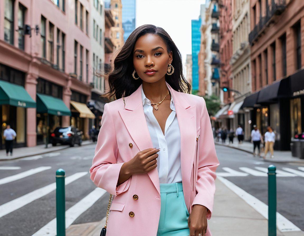 A fashionable woman standing confidently in a chic urban setting, wearing a stylish outfit that blends current trends with timeless elegance. Surround her with beauty products like lipsticks, perfumes, and skincare items artistically placed around her, symbolizing diverse beauty tips. The background features vibrant city life with soft, dreamy pastel colors, giving a sense of allure and sophistication. enhance with stylish accessories and an air of captivating charm. super-realistic. vibrant colors. urban setting.