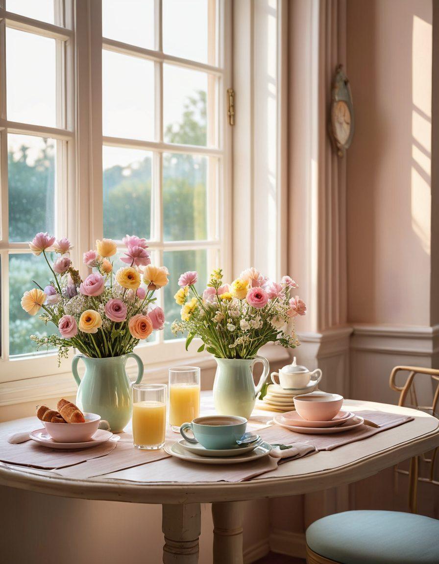 An elegant café table set for a chic brunch, adorned with pastel-colored tableware, fresh flowers, and a stylish, inviting ambiance. Include soft morning sunlight streaming through a large window, casting warm highlights on the table. A cozy corner filled with decorative pillows and a bookshelf in the background, radiating charm and comfort. super-realistic. soft pastel colors. warm lighting.