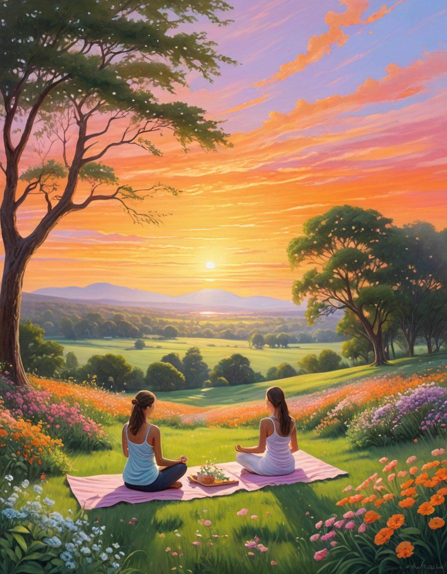 A serene landscape showcasing a vibrant sunrise with blooming flowers and lush greenery, symbolizing beauty and tranquility. Incorporate a diverse group of people engaging in joyful moments of self-care and nature exploration. The image should radiate positivity and elegance, capturing the essence of a gorgeous lifestyle. soft pastels and bright hues. super-realistic.